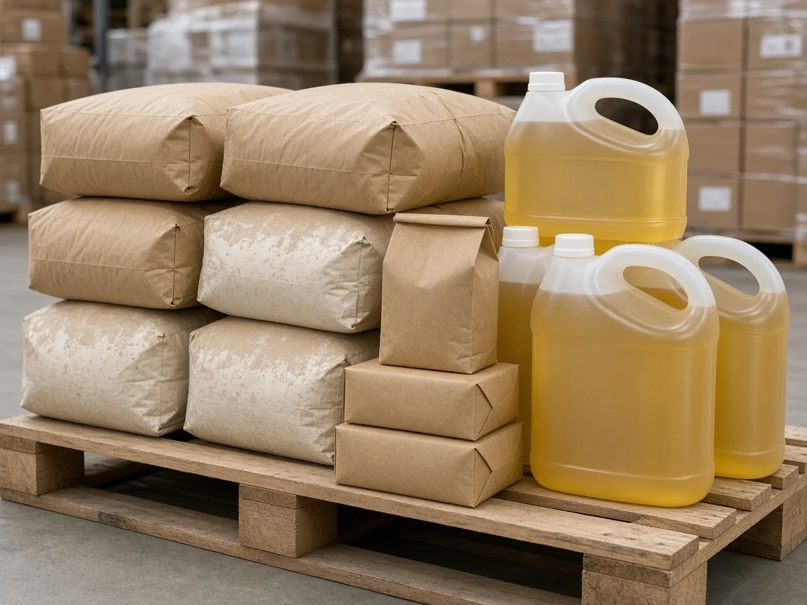 Cases of dry goods and oils on warehouse shelving