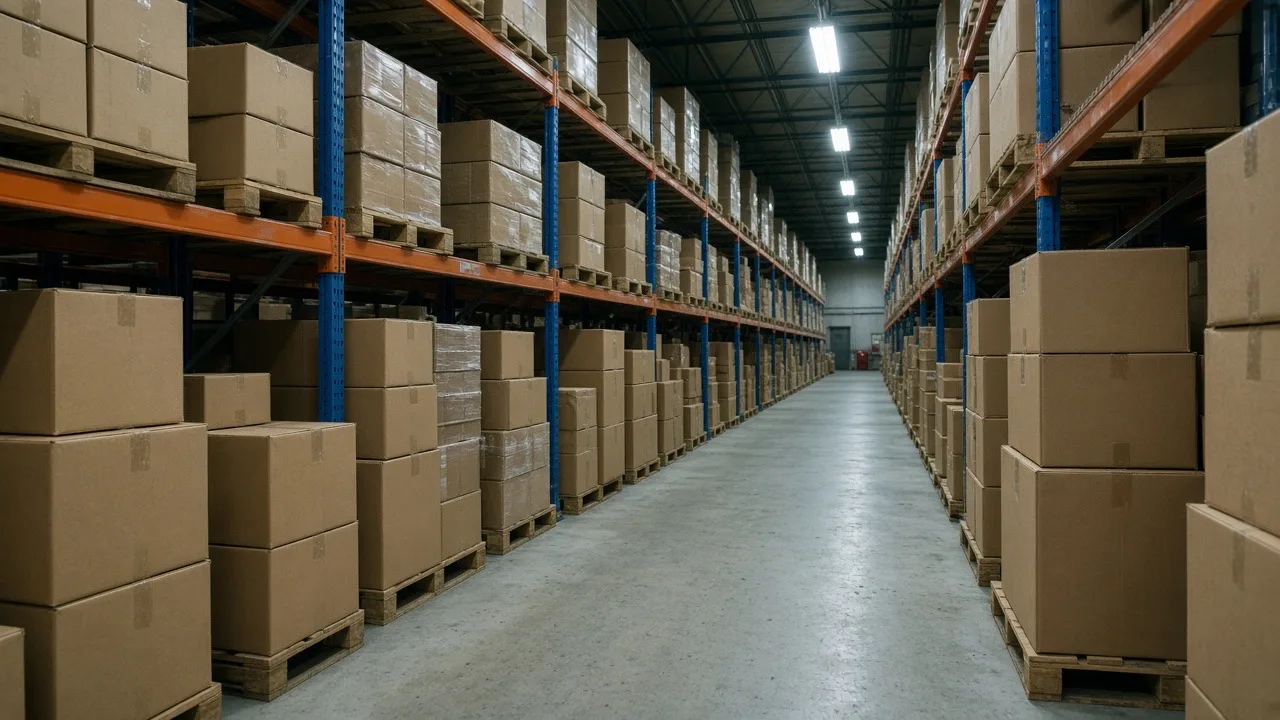 Palletized general merchandise in a wholesale aisle
